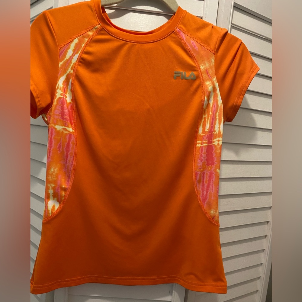 Fila Sport‎ Top Athletic Activewear Tie Dye Accents Orange Short Sleeve Size S